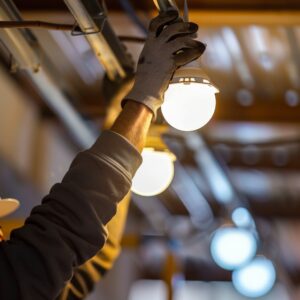 Worker installing a light bulb in an industrial setting, wearing gloves for safety. Close-up shot highlighting the hand and the light fixture.